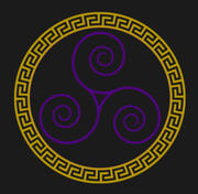 A Greek-style circle of gold surrounds a dark, rich purple symbol with three swirls spiraling outward from one triangular point: the triskelion.