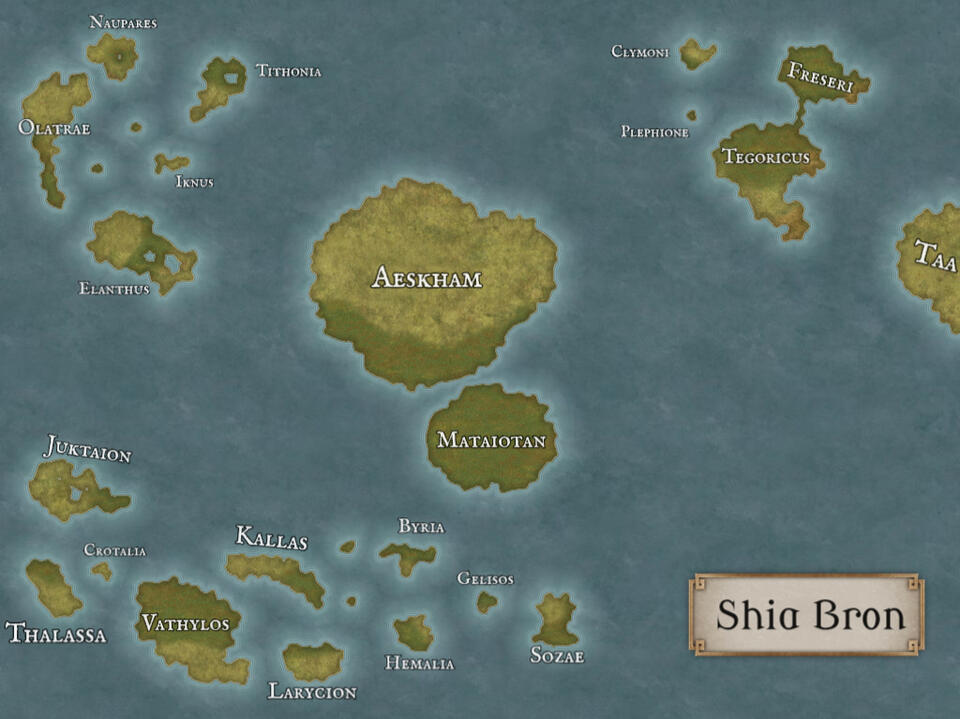 A map of the archipelago of Shia Bron, made on Inkarnate.